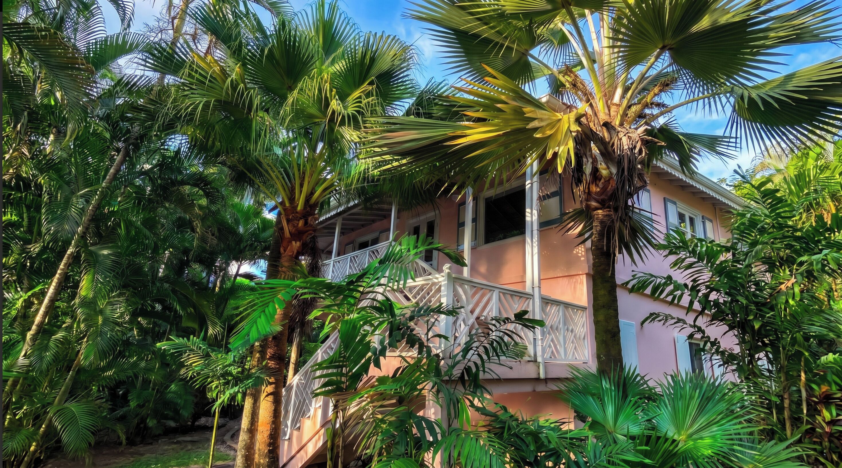 Ein Gebäude mit einem Balkon, umgeben von üppiger tropischer Vegetation.