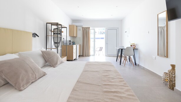 Una camera d'albergo moderna con un letto grande, una scrivania e un angolo cottura.