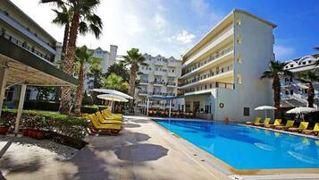 Outdoor pool, pool umbrellas, pool loungers