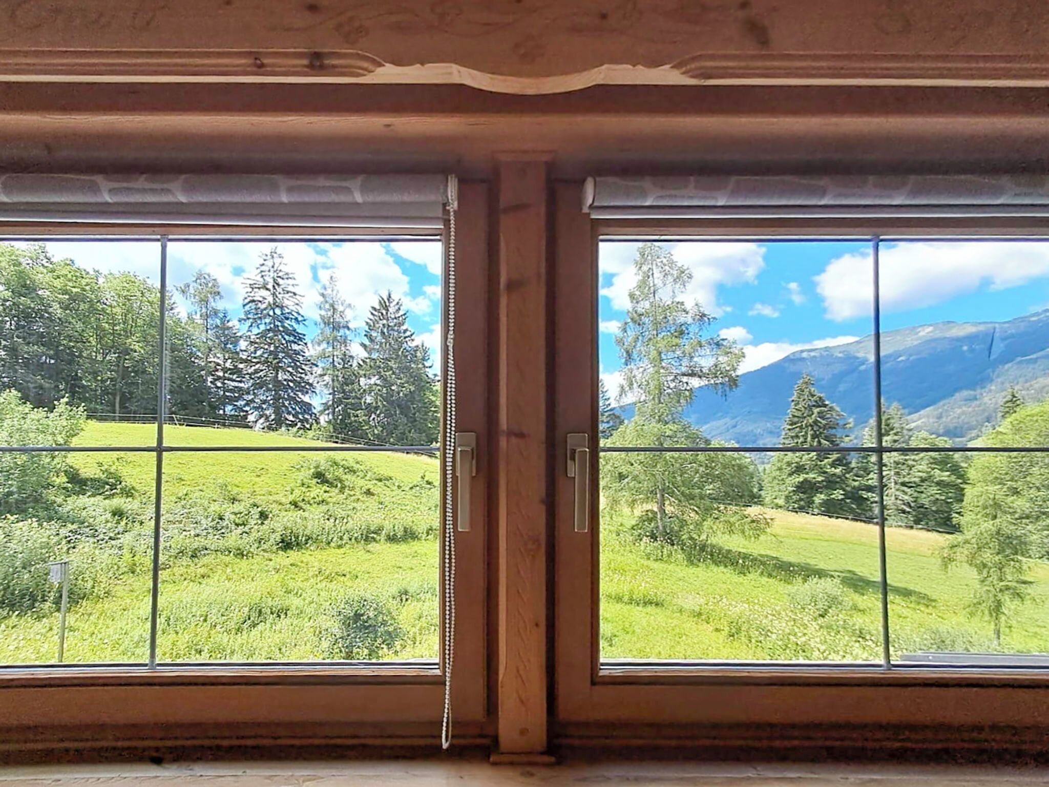 A room with a large window divided into multiple panes, offering a view of a green landscape with trees and mountains.