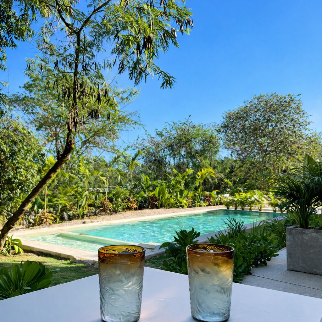 Une vue sur la piscine, avec deux verres d’une boisson, le tout entouré d’une végétation luxuriante et sous un ciel bleu dégagé.