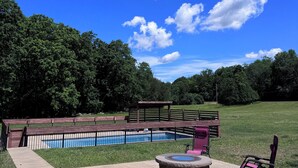 A clear blue sky, a swimming pool, a stone fire pit, and a wooden deck.