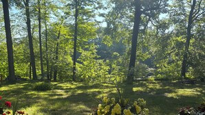 A wooden deck with a potted yellow flower arrangement. - Riverfront escape at Q’s River Place, a 3 bedroom year round getaway (Hersey)