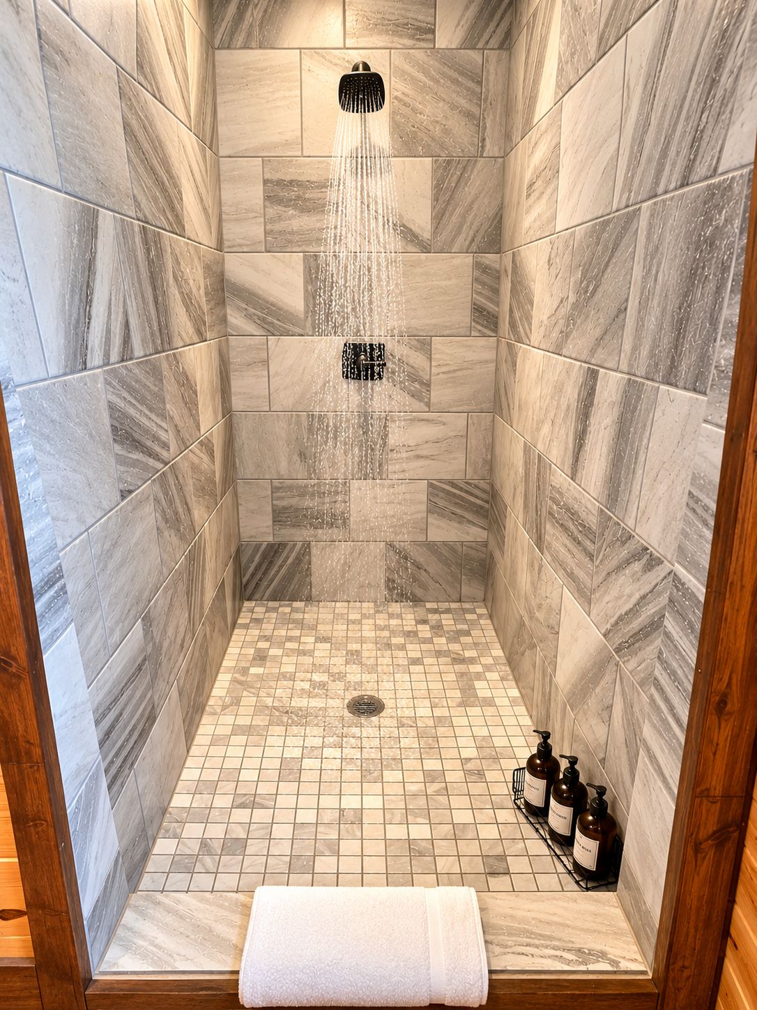 A shower with a rain showerhead, a tiled floor, and a wooden bench with a towel.