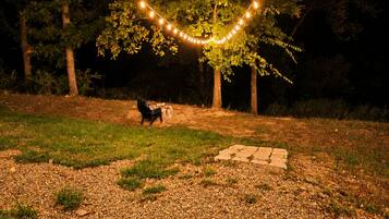 A nighttime outdoor setting with string lights, a fire pit, and a tree.