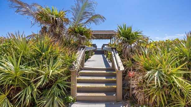 A wooden staircase leading to a covered area surrounded by tropical plants. - Hutchinson Island Oceanfront Condo (Jensen Beach)