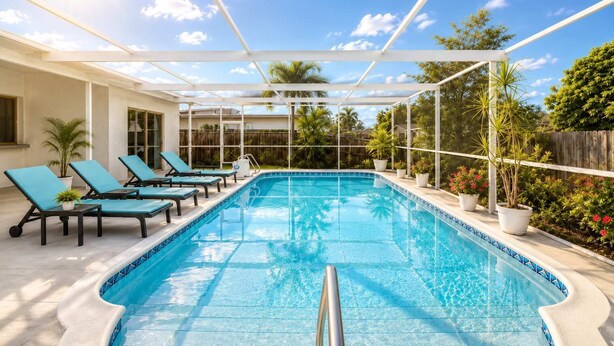 Ein Swimmingpool mit Liegestühlen, einem überdachten Bereich und Kübelpflanzen.