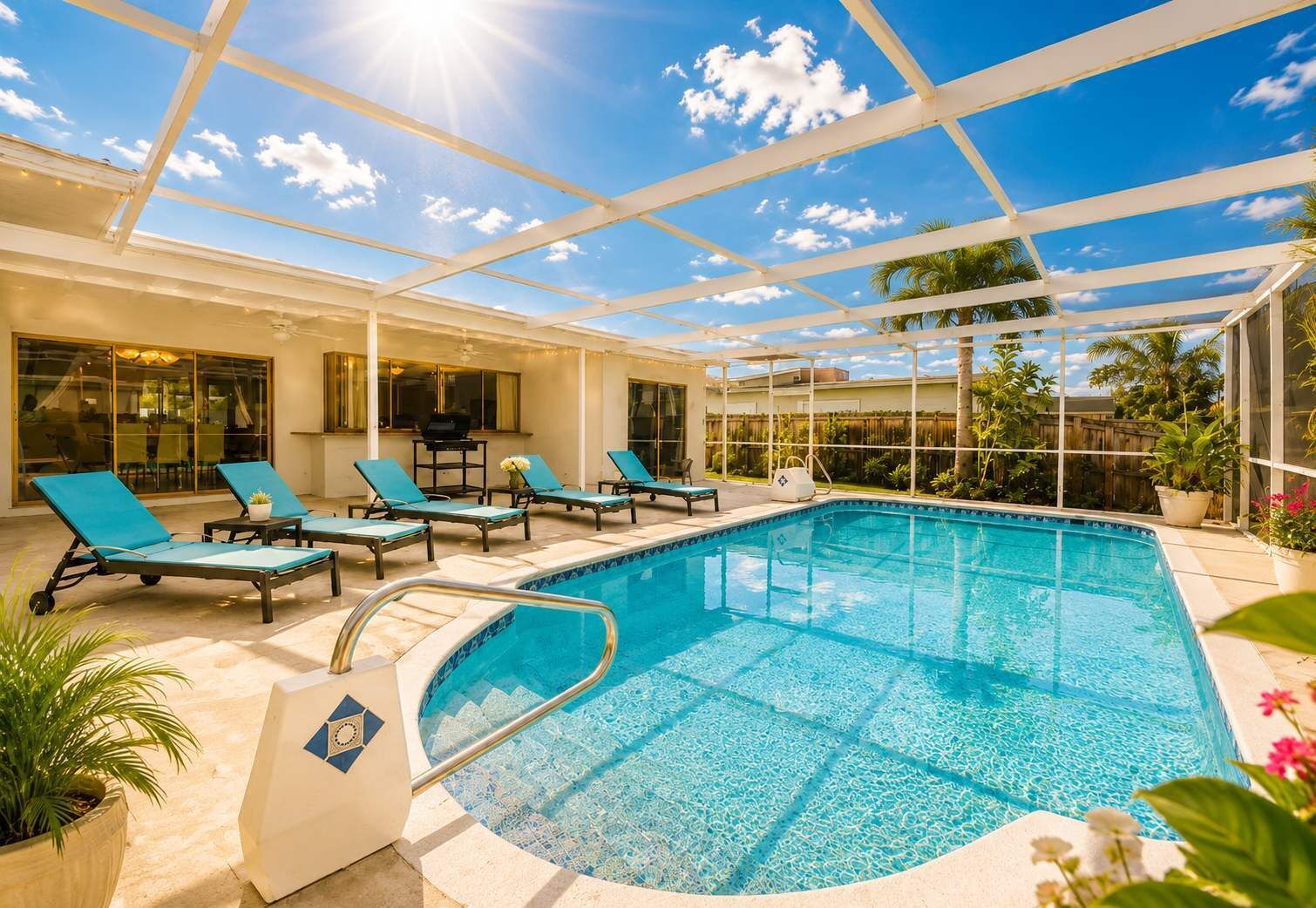 An indoor swimming pool with lounge chairs, a glass ceiling, and a view of the sky.