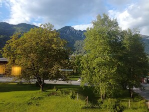 Ländliche Landschaft mit Bäumen, einer Straße und Bergen im Hintergrund.