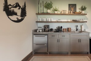 Fridge, microwave, oven, stovetop - Luxury Blue Ridge Cabin Layered Mountain Views • Hot Tub • Sauna • Fire Pit (Blue Ridge)