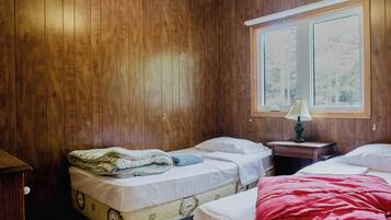 Ein Zimmer mit zwei Betten, Holzwänden, einem Fenster mit Blick und einer Deckenleuchte.