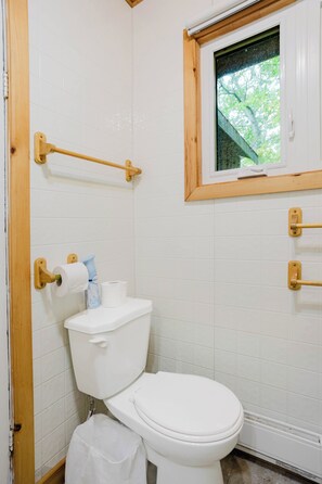 A bathroom with a white toilet, a wooden handrail, a window with a view of greenery, and a roll of toilet paper on the wall.