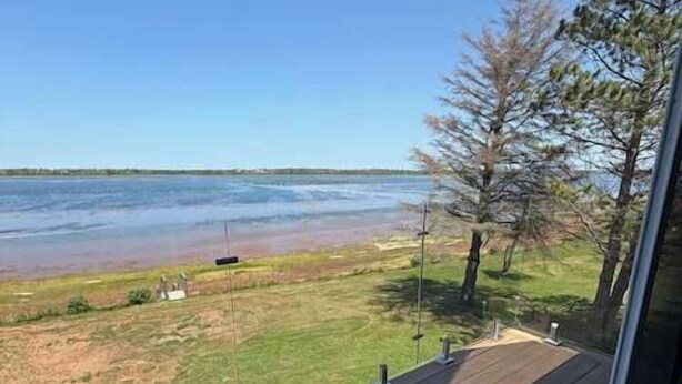 Una terraza con vista a un lago y árboles.