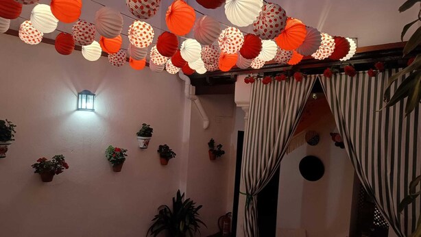 A room with a checkered floor, striped curtains, and multiple potted plants. - La Alboreá (Jerez de la Frontera)