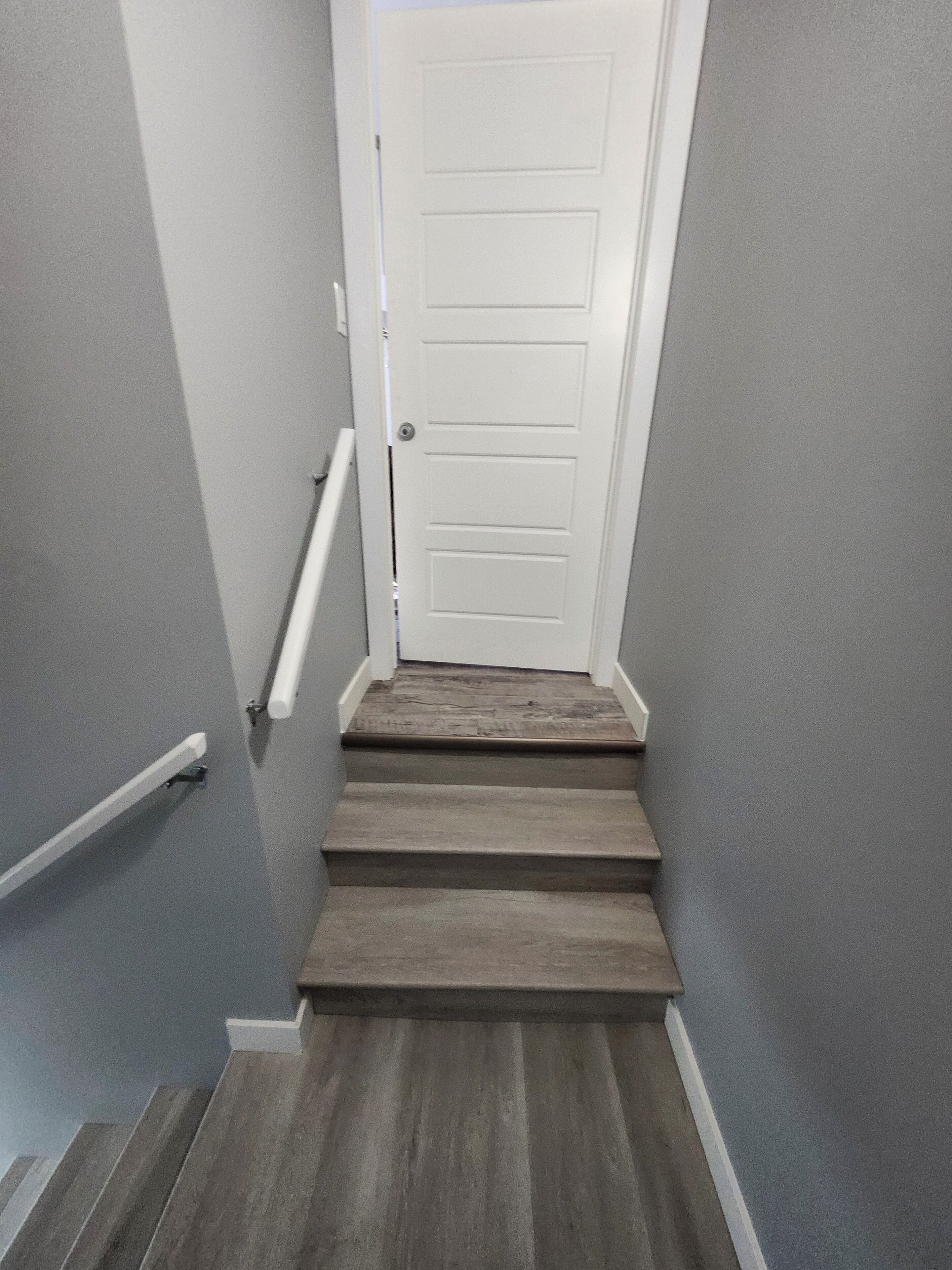 Un escalier avec une rampe menant à une porte blanche.