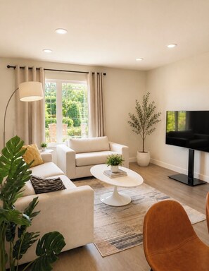 Ein modernes Wohnzimmer mit einer Couch, einem Couchtisch und einem Fernseher.