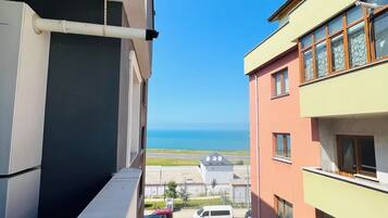 A narrow alleyway between buildings with a clear view of the sea.