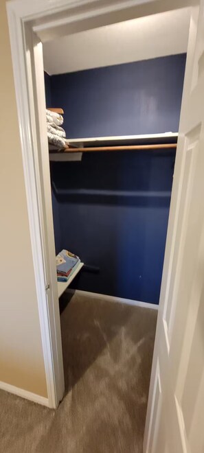 Ein kleiner begehbarer Kleiderschrank mit blauer Wand und Holzregal.