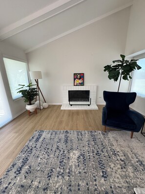 Ein modernes Wohnzimmer mit Kamin, einem blauen Sessel, einem großen Teppich und einer Topfpflanze.