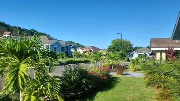 A residential area with houses, a clear sky, and greenery.