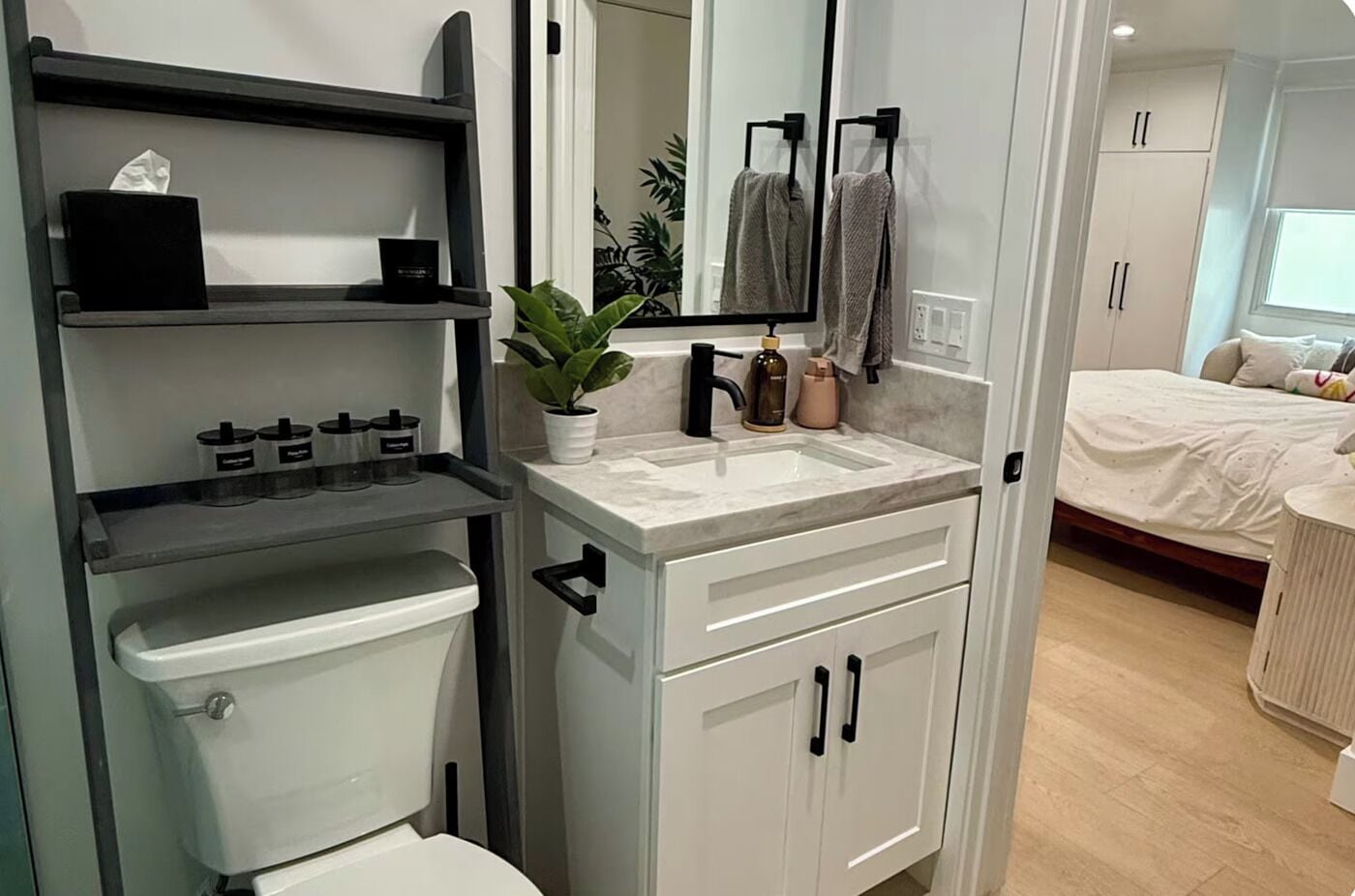 Shower, towels, soap, toilet paper