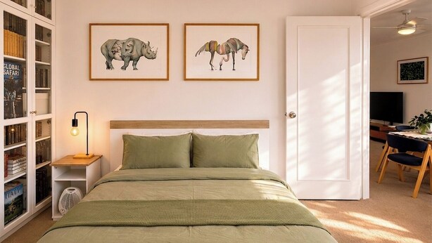 Ein Schlafzimmer mit einem Bett, einem Bücherregal, einem Schreibtisch und zwei gerahmten Tierbildern an der Wand.