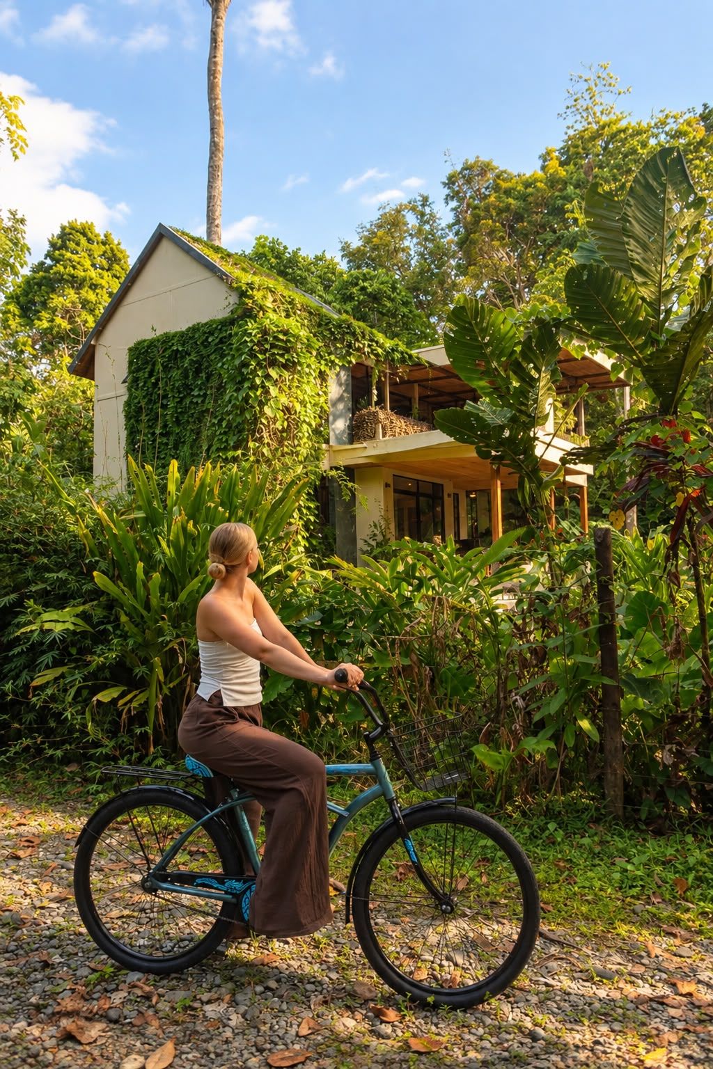 Una persona montando bicicleta sobre un camino de grava, rodeado de vegetación exuberante y con una casa al fondo.