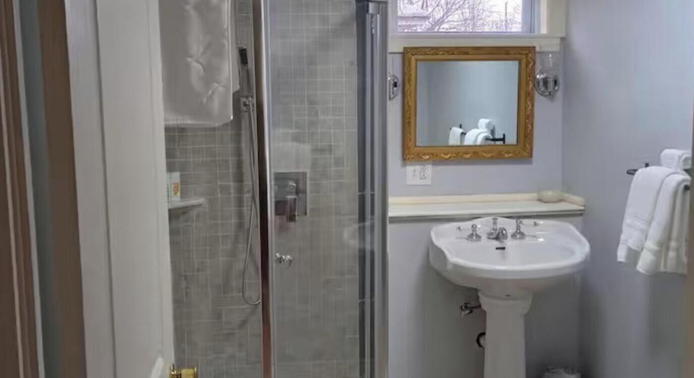 Shower, towels, soap, toilet paper
