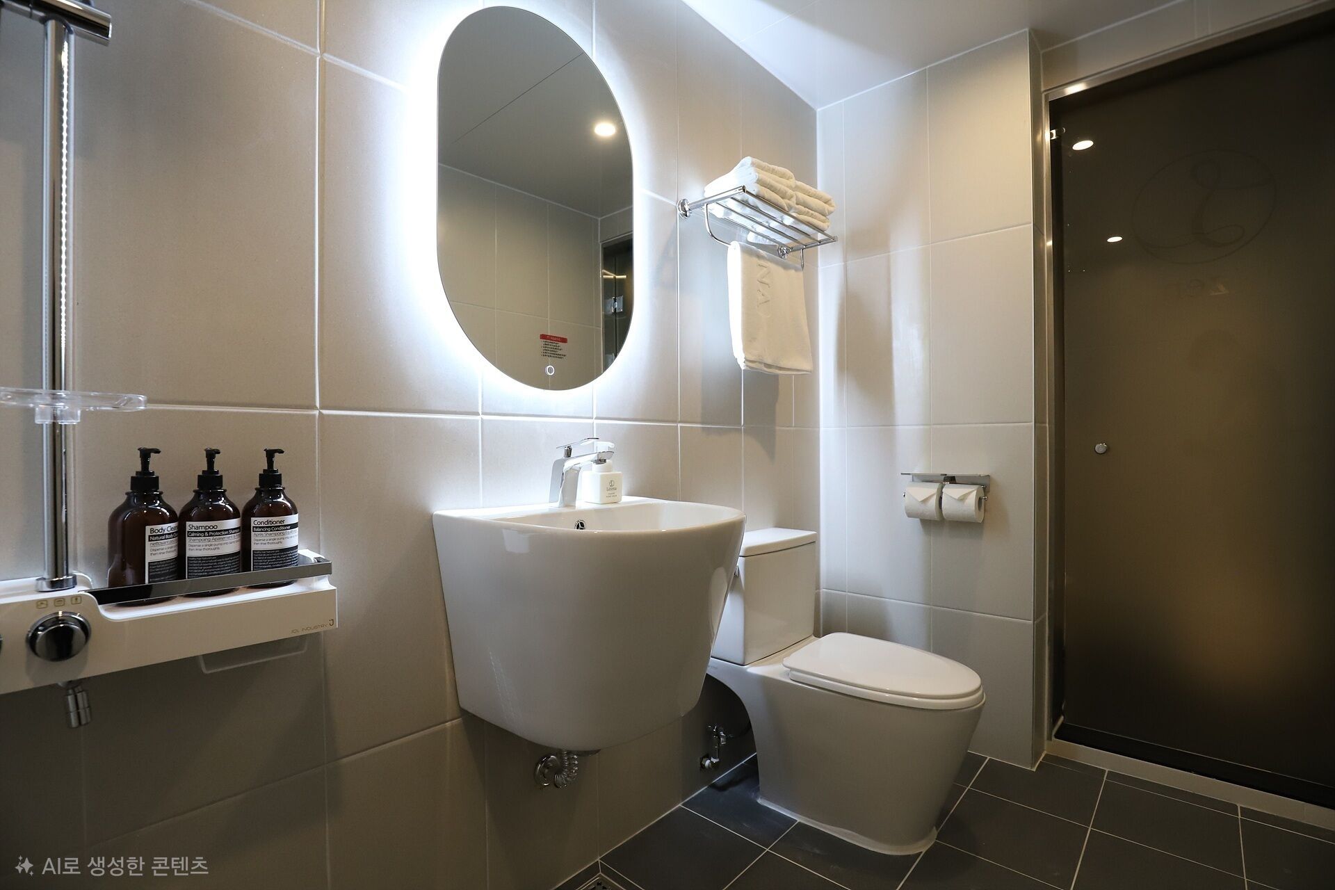 Une salle de bain moderne avec un grand miroir ovale, un lavabo sur colonne, des toilettes et un espace douche.