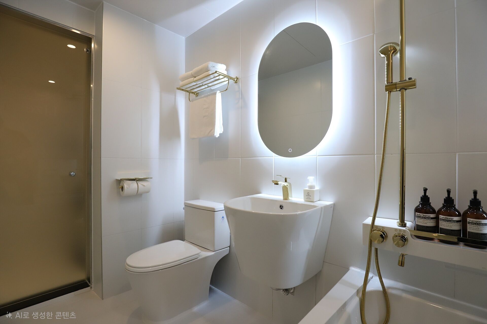 A modern bathroom with a toilet, sink, and shower.
