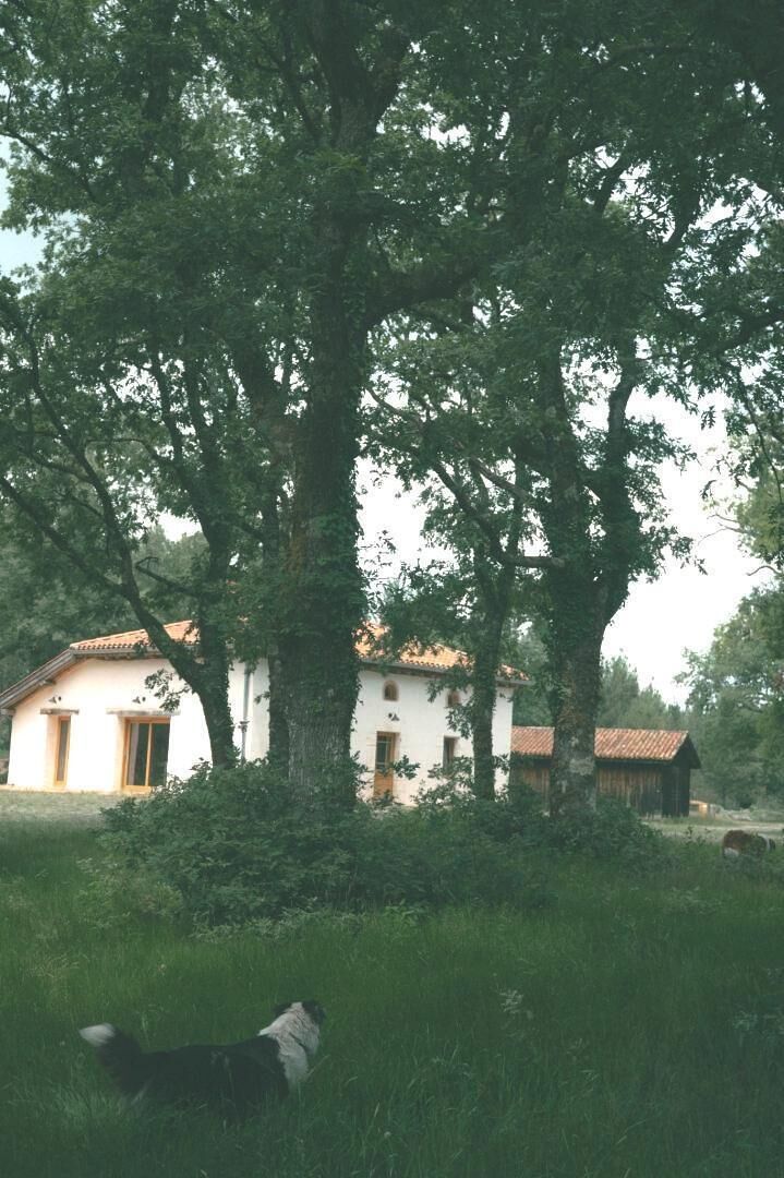 A building with a white facade and red-tiled roof, surrounded by lush greenery and trees.
