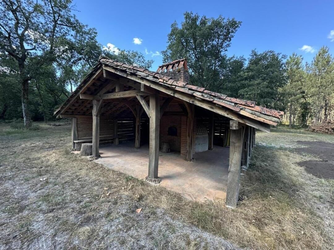 A rustic wooden structure with a sloped roof, possibly a cabin or shed, surrounded by trees.