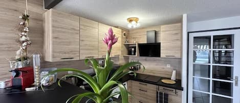 Eine moderne Küche mit Holzschränken, einer schwarzen Arbeitsplatte und einem Blumentopf.