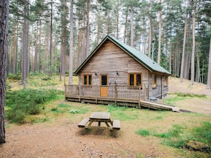 A wooden cabin with a porch, surrounded by a forest. - Pine Marten Lodge by Interhome (Ballater)