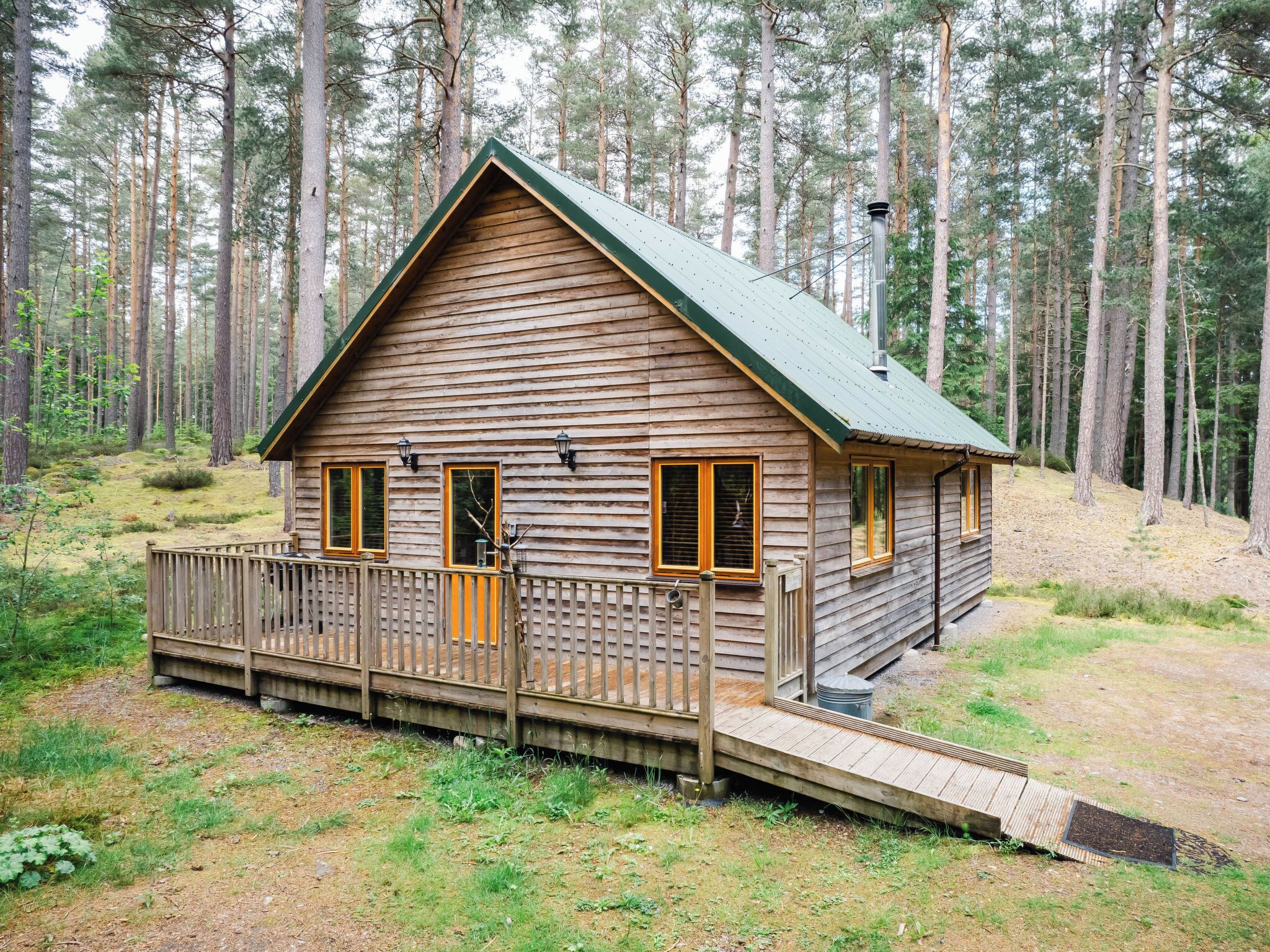 En stuga av trä med en veranda och en ramp, omgiven av en skog.