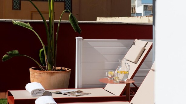 Un espace extérieur ensoleillé avec des sièges, comprenant un fauteuil, une table avec une carafe d’eau, une plante en pot et un magazine.