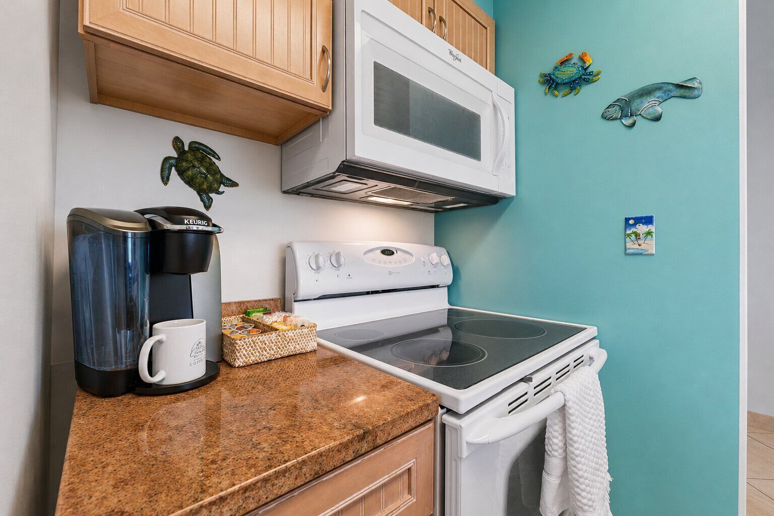 Coffee/tea maker, fridge, microwave, oven