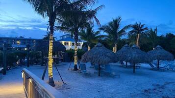 A beachside resort with palm trees, thatched umbrellas, and lounge chairs.