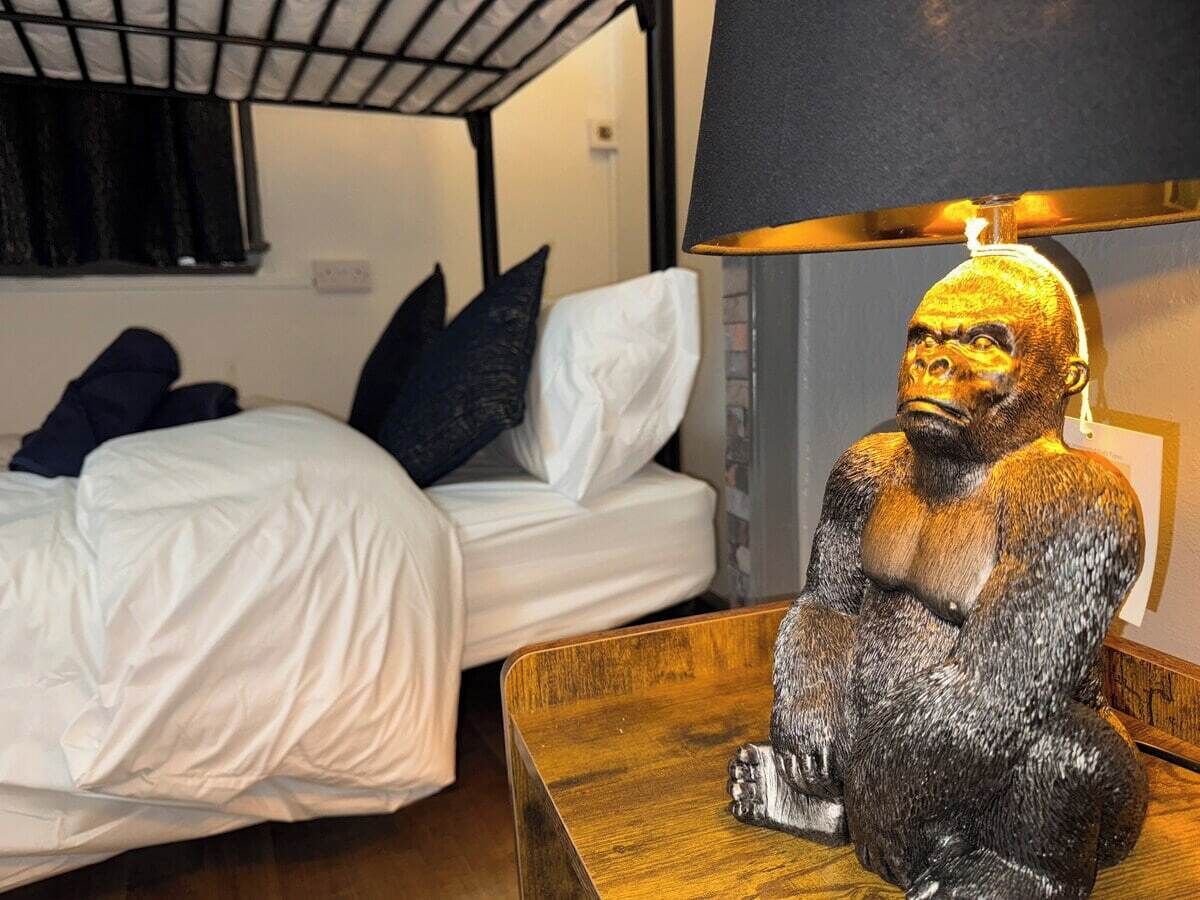 A room with a bed, a nightstand, and a lamp.
