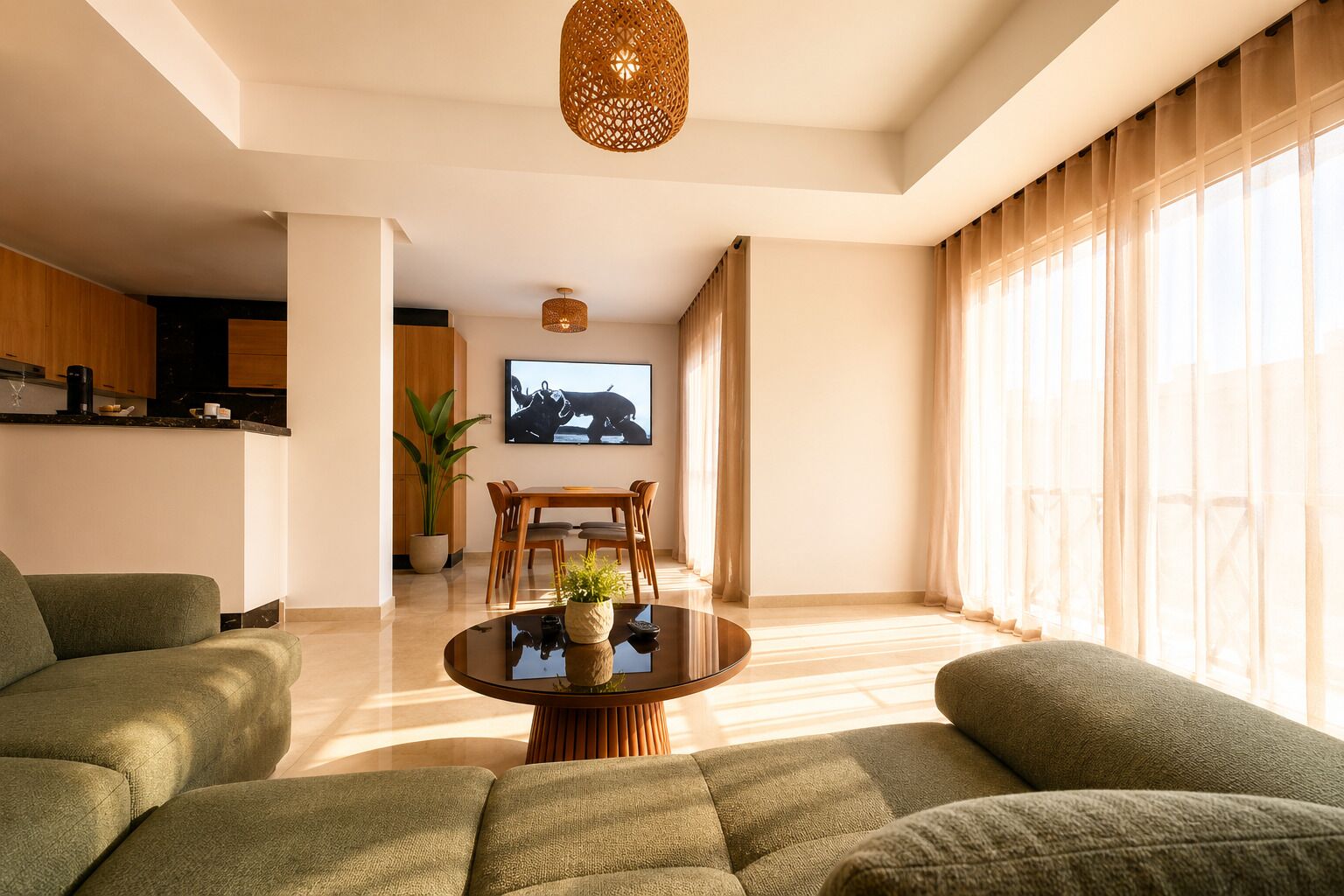 Sun-filled open living space with cozy seating and stylish dining area
