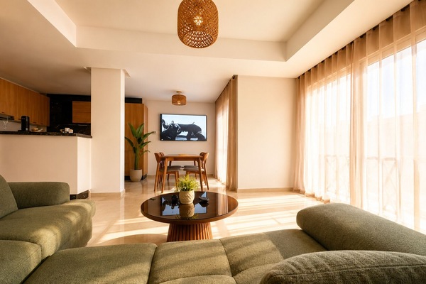 Sun-filled open living space with cozy seating and stylish dining area
