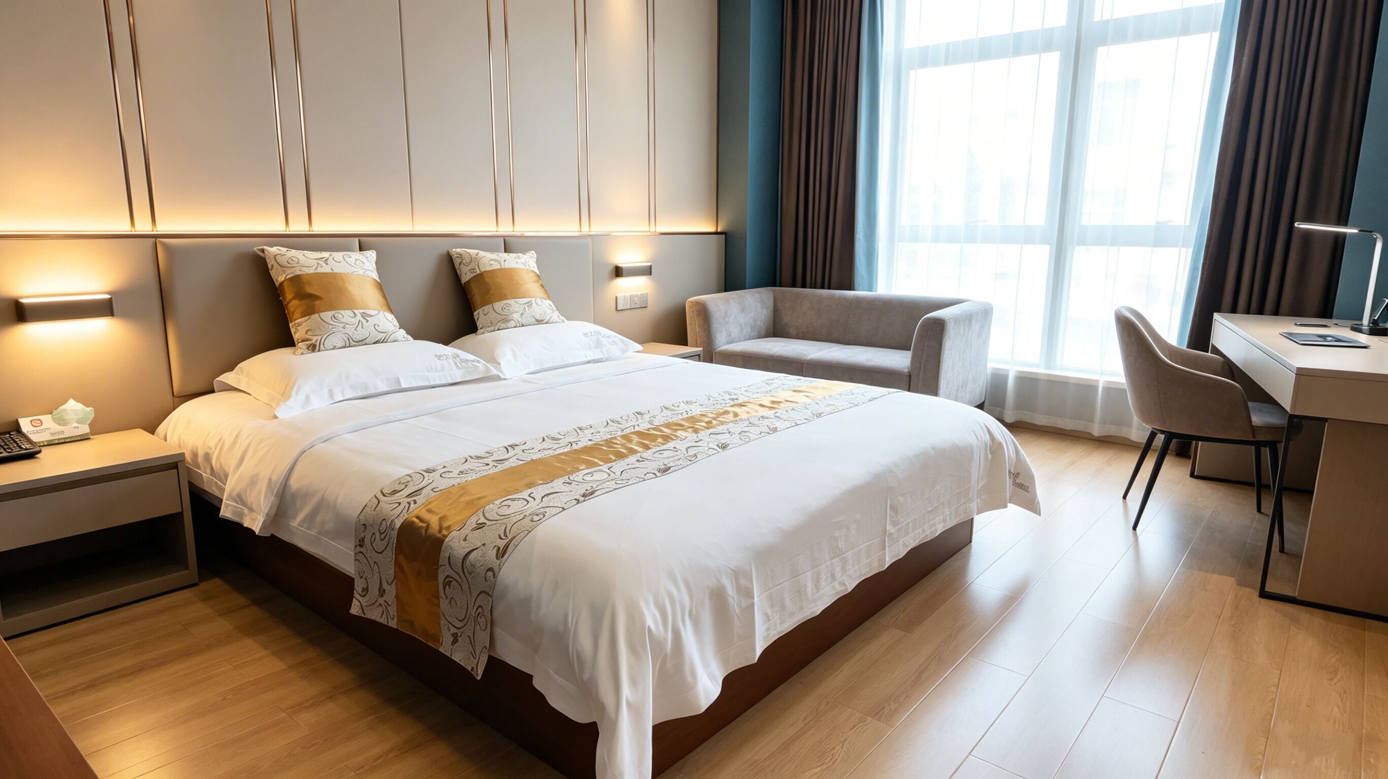 Ein Hotelzimmer mit Bett, Schreibtisch, Stuhl und Nachttisch.