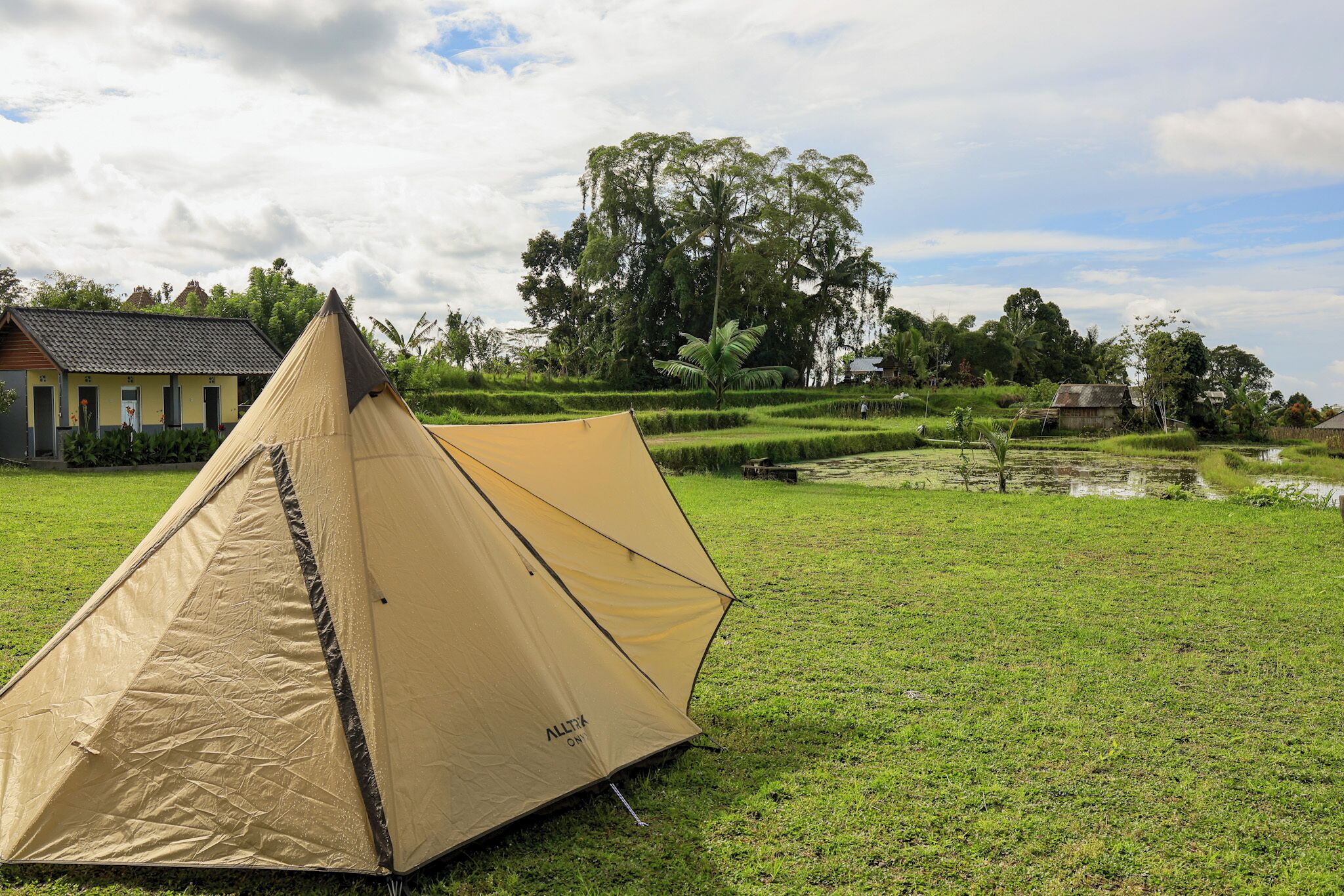 Une tente est installée sur un champ d’herbe, avec un bâtiment et des arbres en arrière-plan.