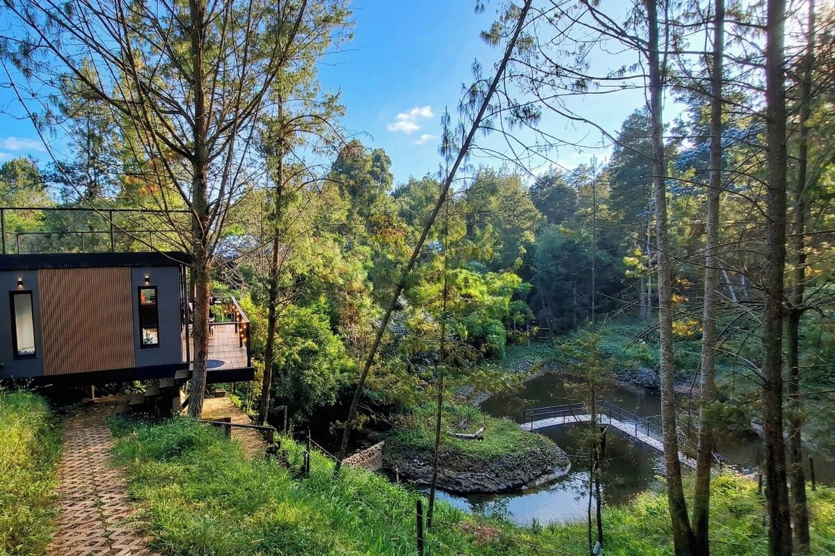 A modern cabin with a deck, surrounded by a forest and a pond.