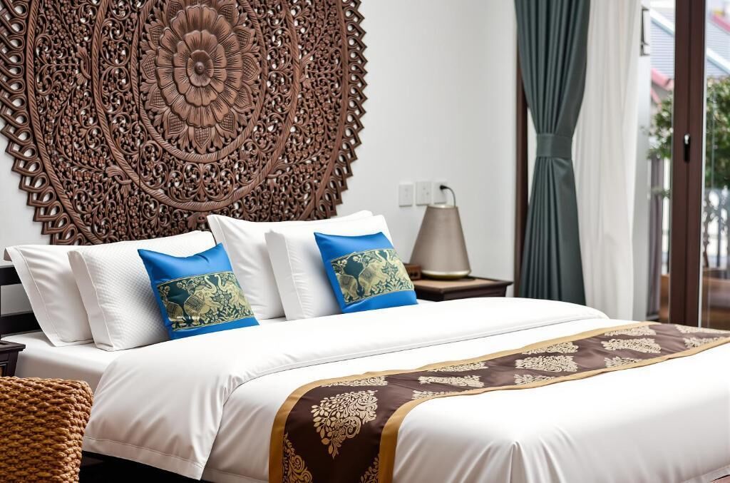 A hotel room with a large decorative headboard, a bed with white bedding and patterned throw, a bedside lamp, and a view of the outside.