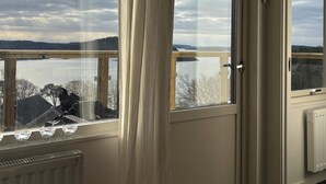 Ein Zimmer mit Blick auf einen See, ein Fenster mit Vorhängen und eine Heizung.