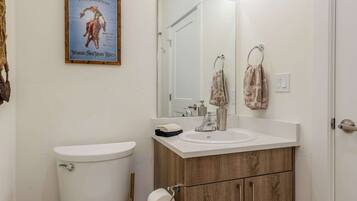 Ein Badezimmer mit Toilette, Waschbecken, Waschtisch, Spiegel und einem Bild an der Wand.