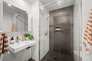 Ducha, secador de pelo, toallas, jabón