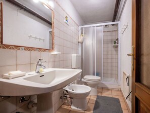Un baño con lavabo, inodoro y ducha.