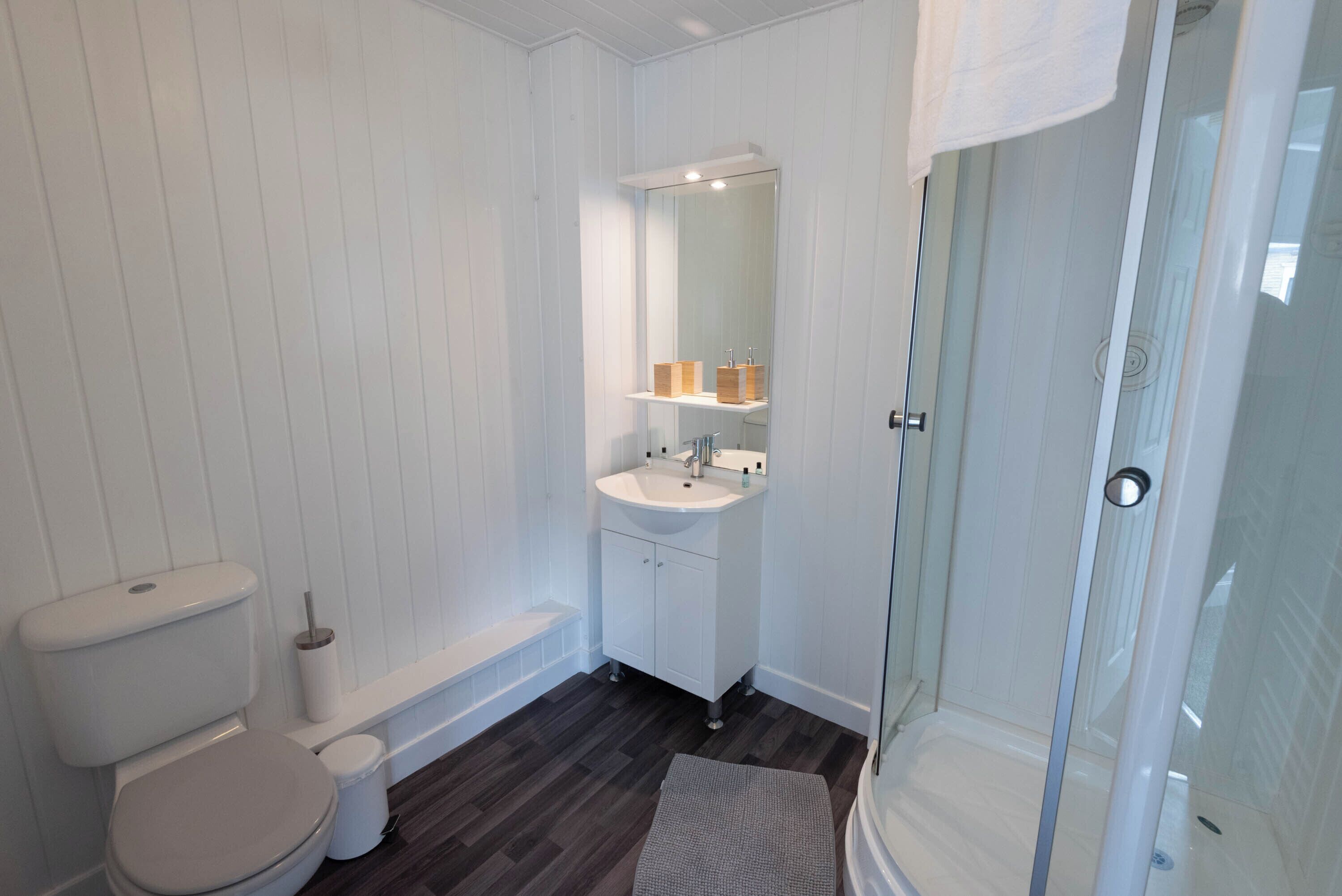 A bathroom with a toilet, sink, and shower.